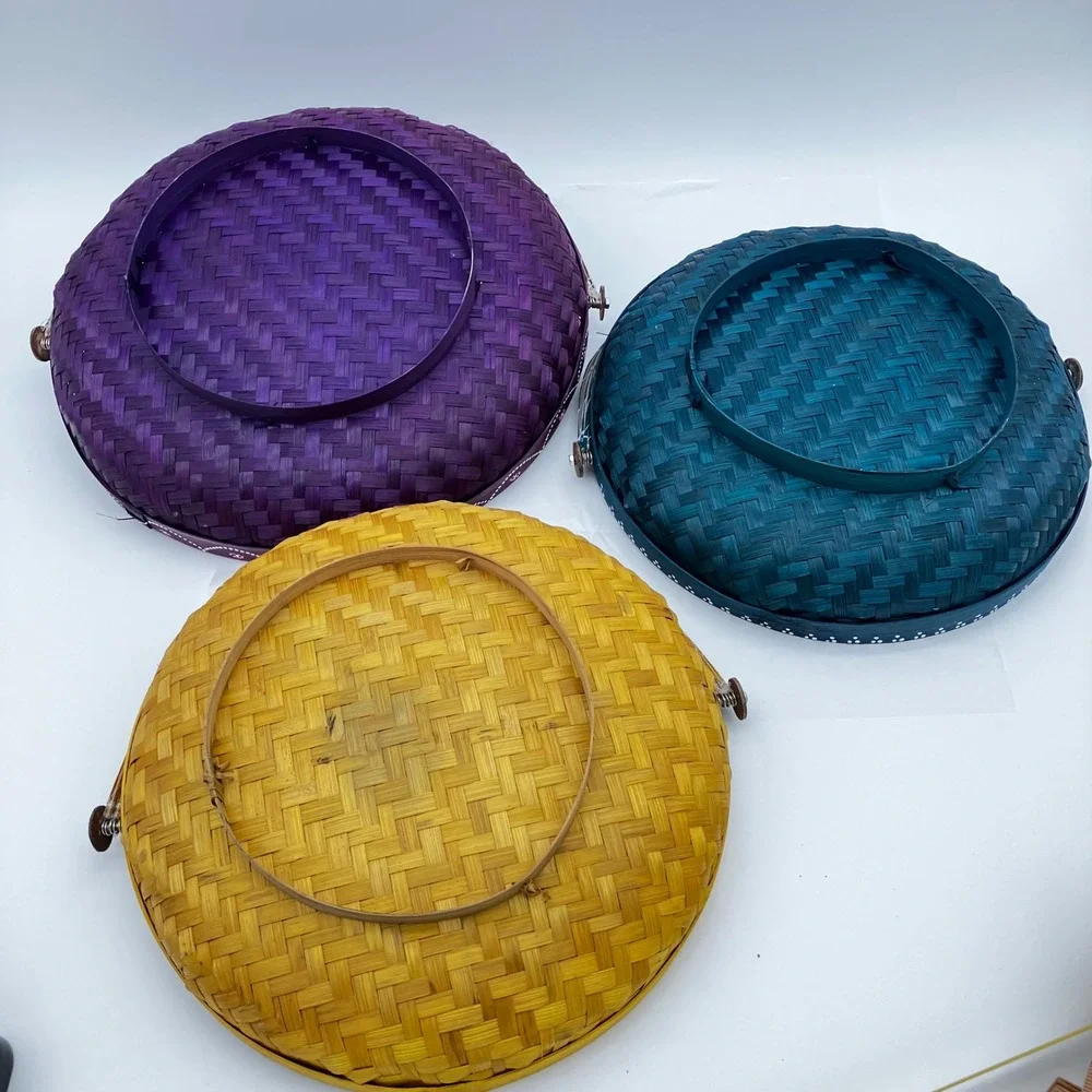 Set of 3 Bamboo Food Serving Tent Basket Hand Painted Boho Picnic Cover Mesh Net